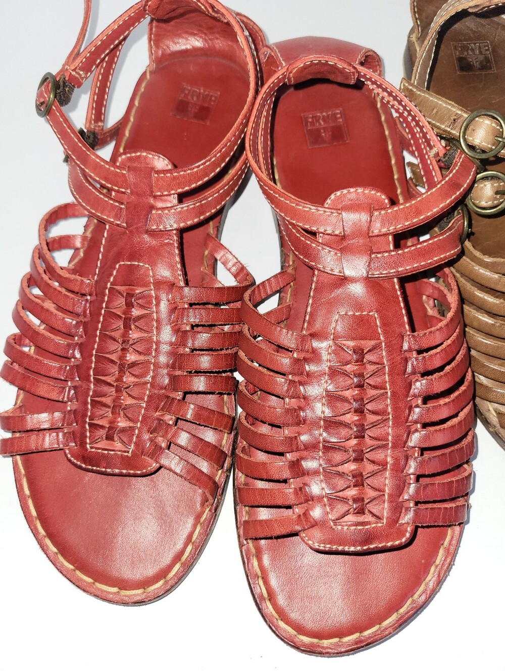 2 Pairs! Frye Kayla Huarache Sandals Leather Gladiator Brown & Red Size 8.5 - Picture 3 of 16
